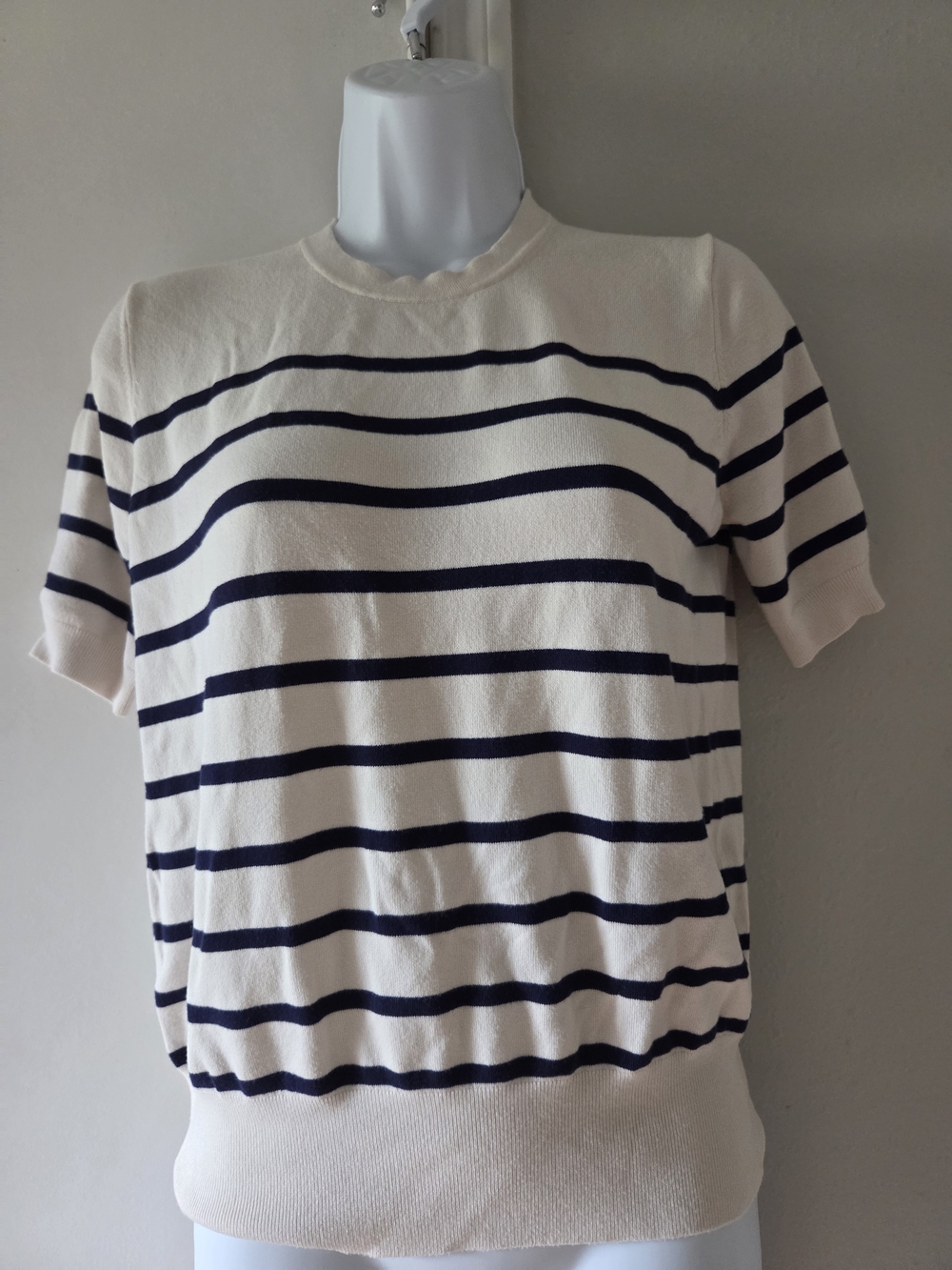 Zara Cream and Navy Striped Short Sleeve Knit Top